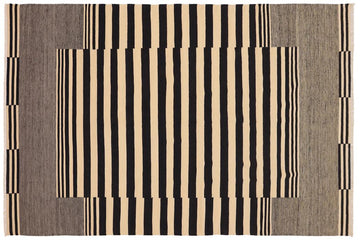 Flat Weave Kilim, Antique, Navaho, Vintage, Handmade, Modern Kilim Beige Black Hand-Woven Rectangle 100% Wool Area Rug 7 x 11